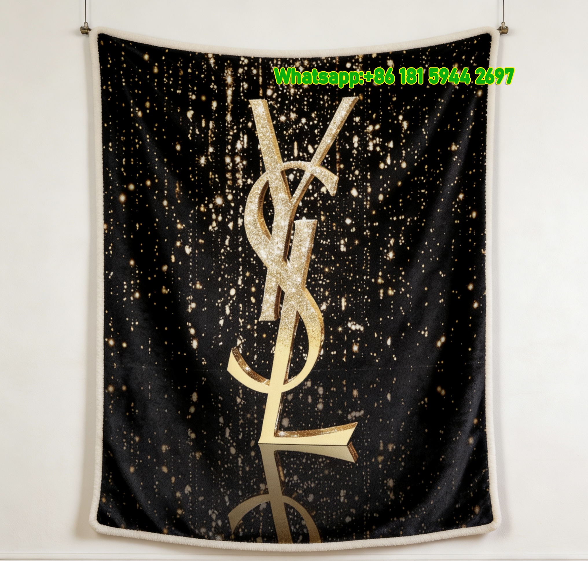Yves Saint Laurent YSL Black and Gold Glitter YSL Logo Print Flannel Throw Blanket IMG_3275